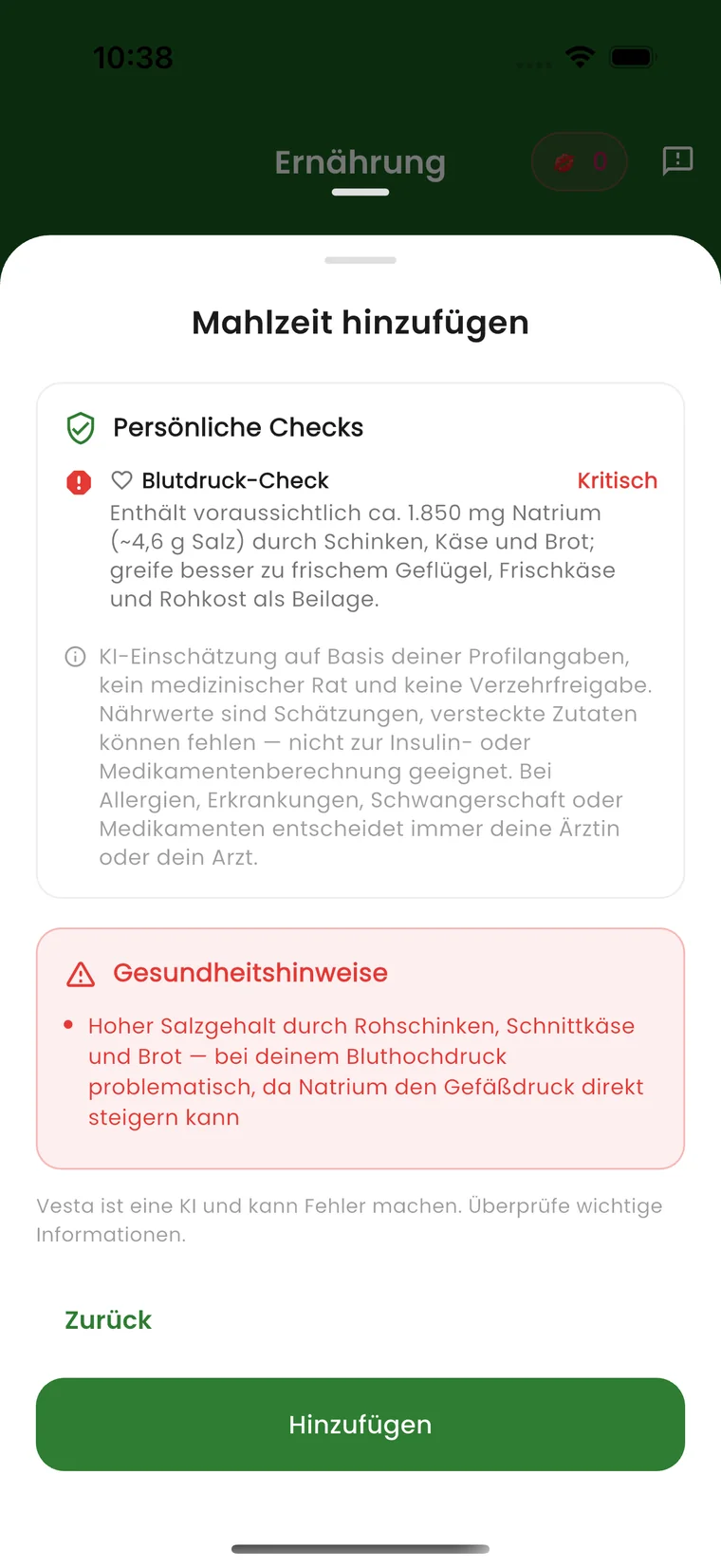 Vesta-App: Karte „Persönliche Checks“ mit dem Blutdruck-Check und dem Urteil „Kritisch“ — geschätzt rund 1.850 Milligramm Natrium, etwa 4,6 Gramm Salz, durch Schinken, Käse und Brot.
