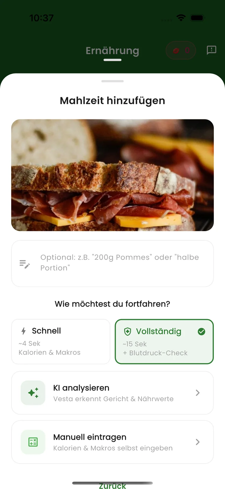 Vesta-App: Auswahl der Analysetiefe. Die Karte „Vollständig“ nennt rund 15 Sekunden und darunter „+ Blutdruck-Check“.