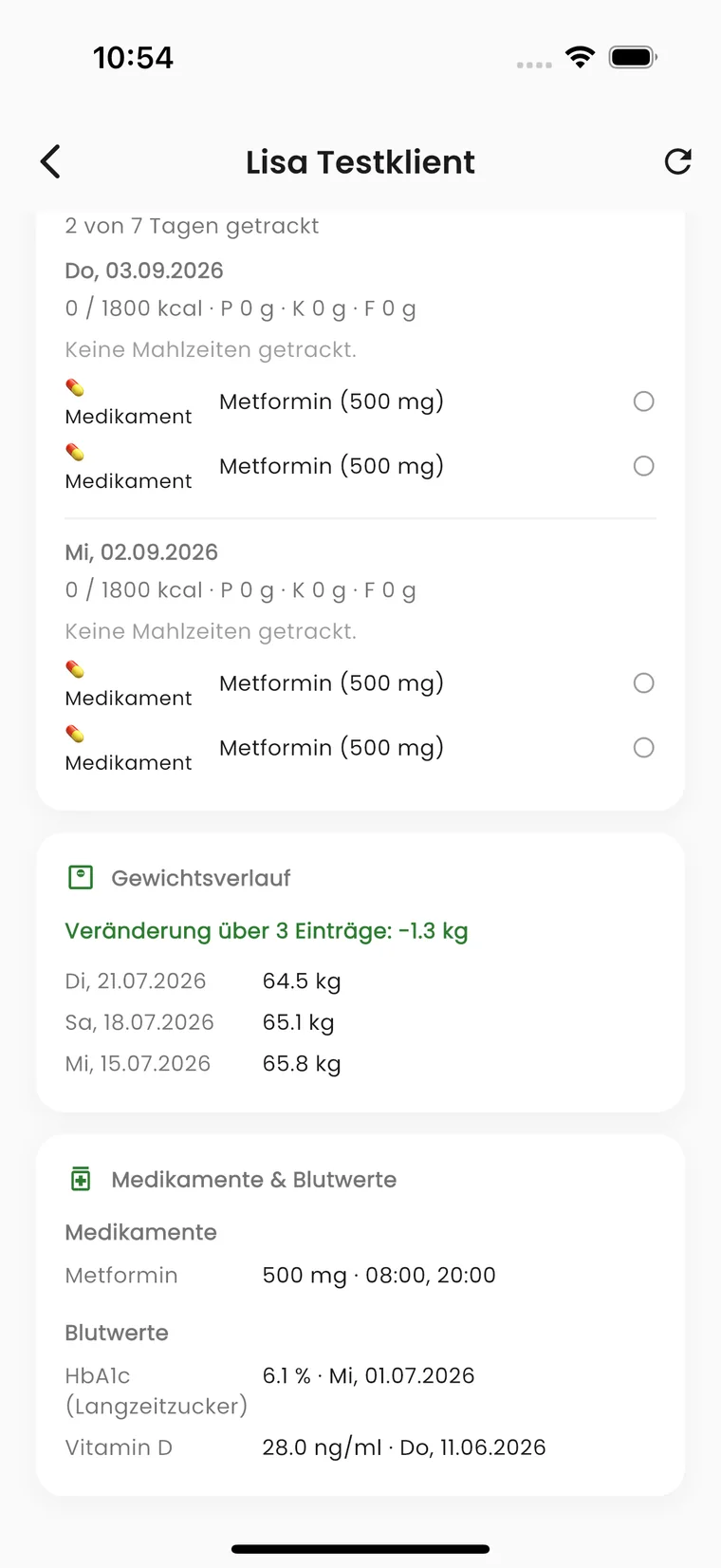 Vesta-Coach-Ansicht: Ernährungstagebuch mit getrackten Tagen, Gewichtsverlauf mit minus 1,3 Kilogramm über drei Einträge sowie Medikamente und Blutwerte mit HbA1c und Vitamin D.